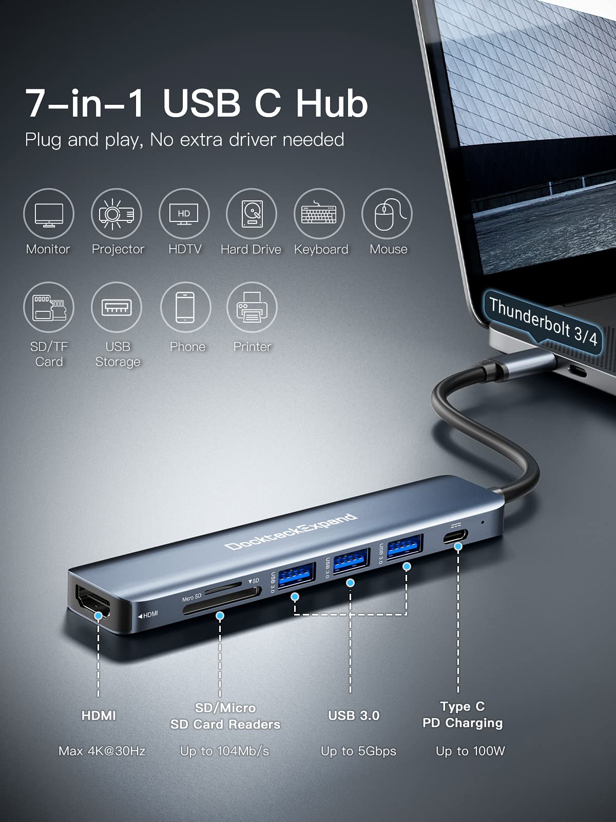 USB C Hub Multiport Adapter,Dockteck 7-in-1 USB-C Hub with 4K 60Hz