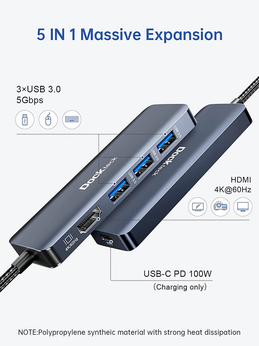 USB-C to Multiport Dock 5 in 1, HDMI 4K, 100W, 1x USB-C PD
