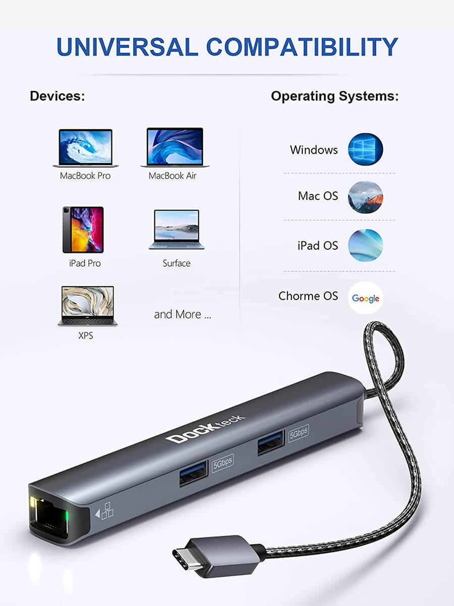 USB C Hub Ethernet,6 in 1 Laptop Docking Station, Dockteck USB C Multiport  Adapter with 4K@60Hz HDMI, 100W PD,USB-C Data Port, 1Gbps LAN, 2 USB 3.0