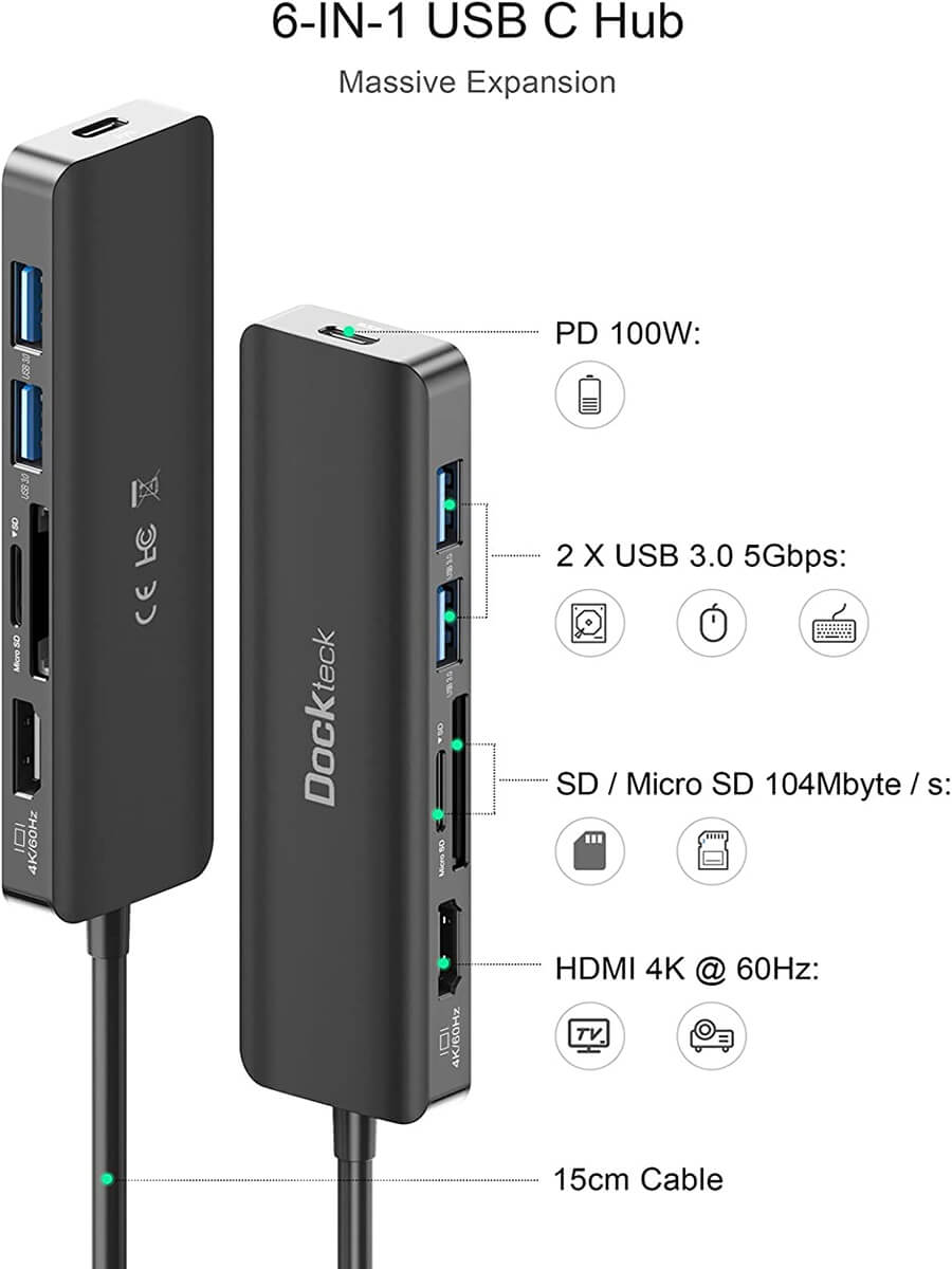 USB C Hub Multi-Port Adapter 6 in 1 with 4K HDMI Resolution for USB C